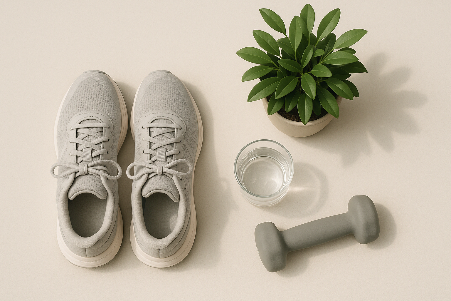 Wellness flat-lay with running shoes, a plant, a glass of water, and a dumbbell on a neutral background