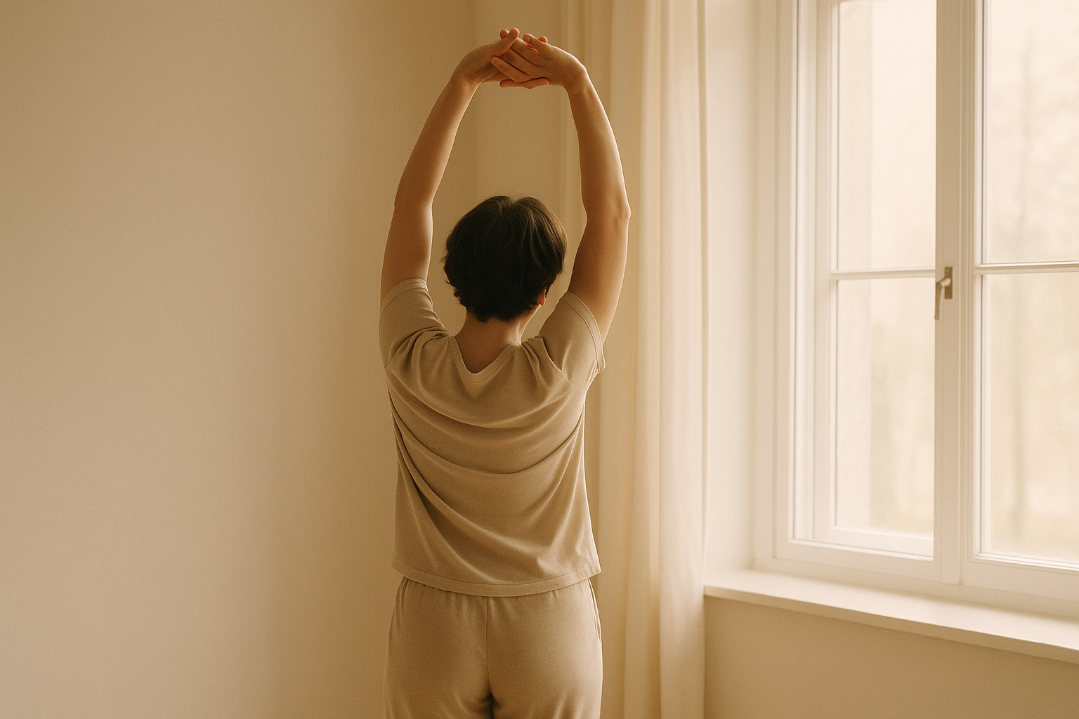 Person doing a gentle standing stretch by a bright window
