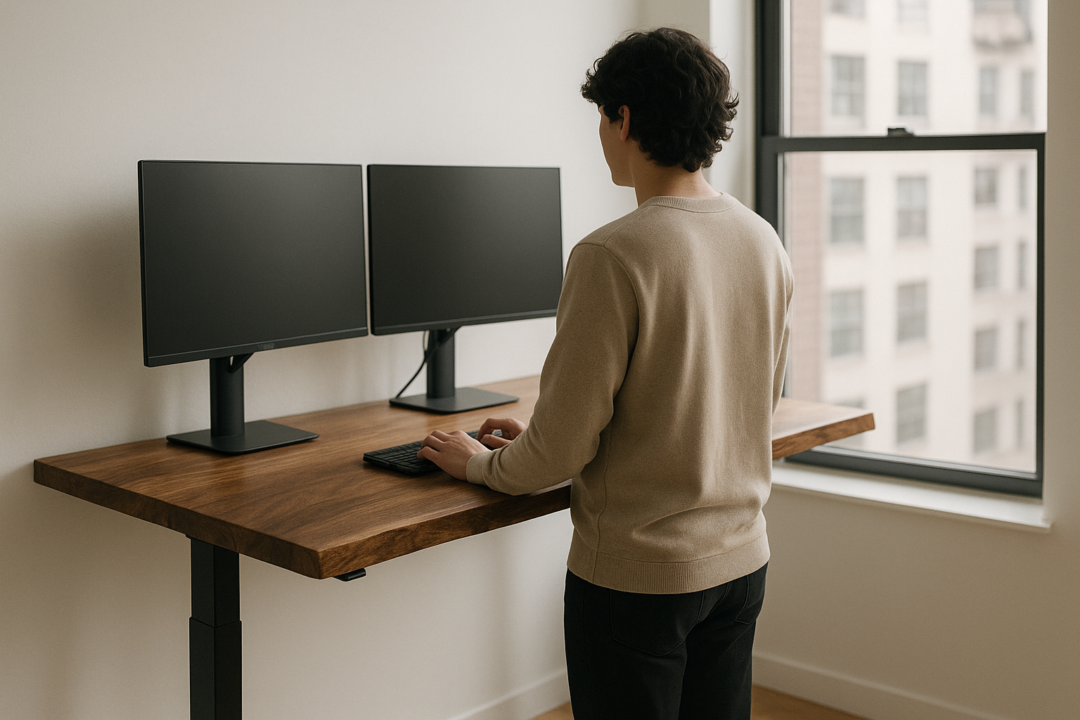 Person working while standing at a walnut live edge desk with dual monitors