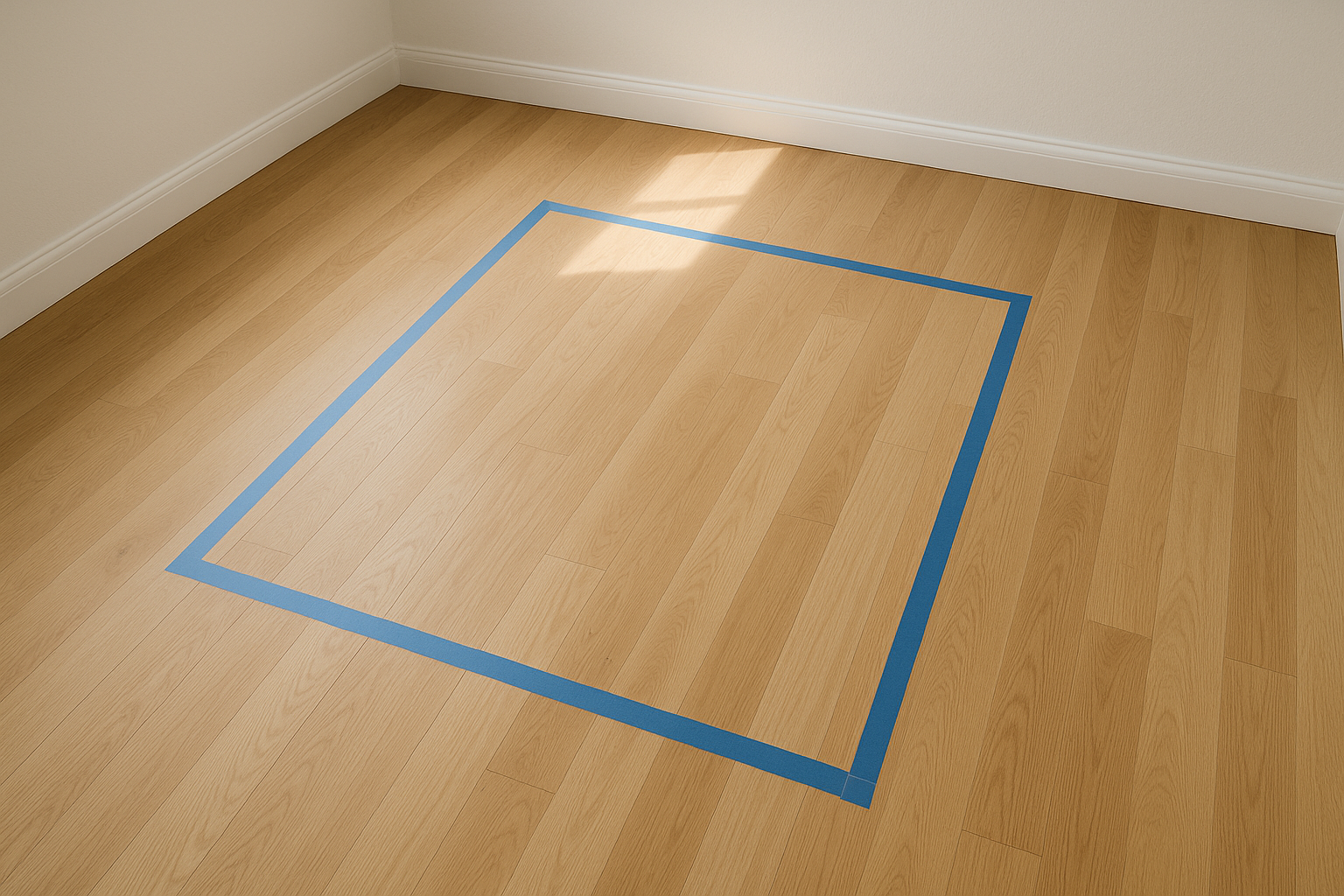 Blue painter's tape outlining a desk footprint on a hardwood floor in an empty room