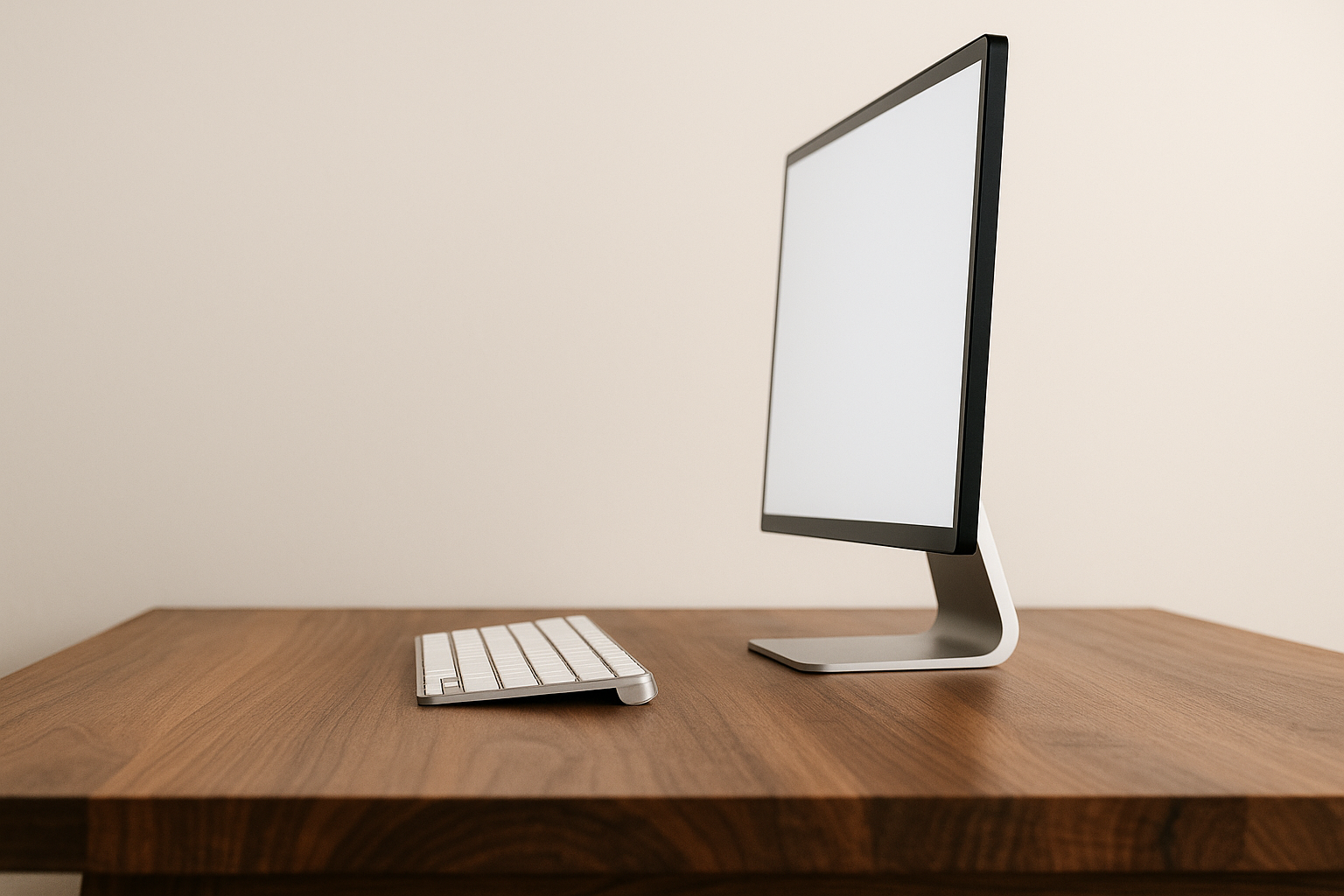 Side view of a monitor and keyboard on a walnut desktop showing the space between them