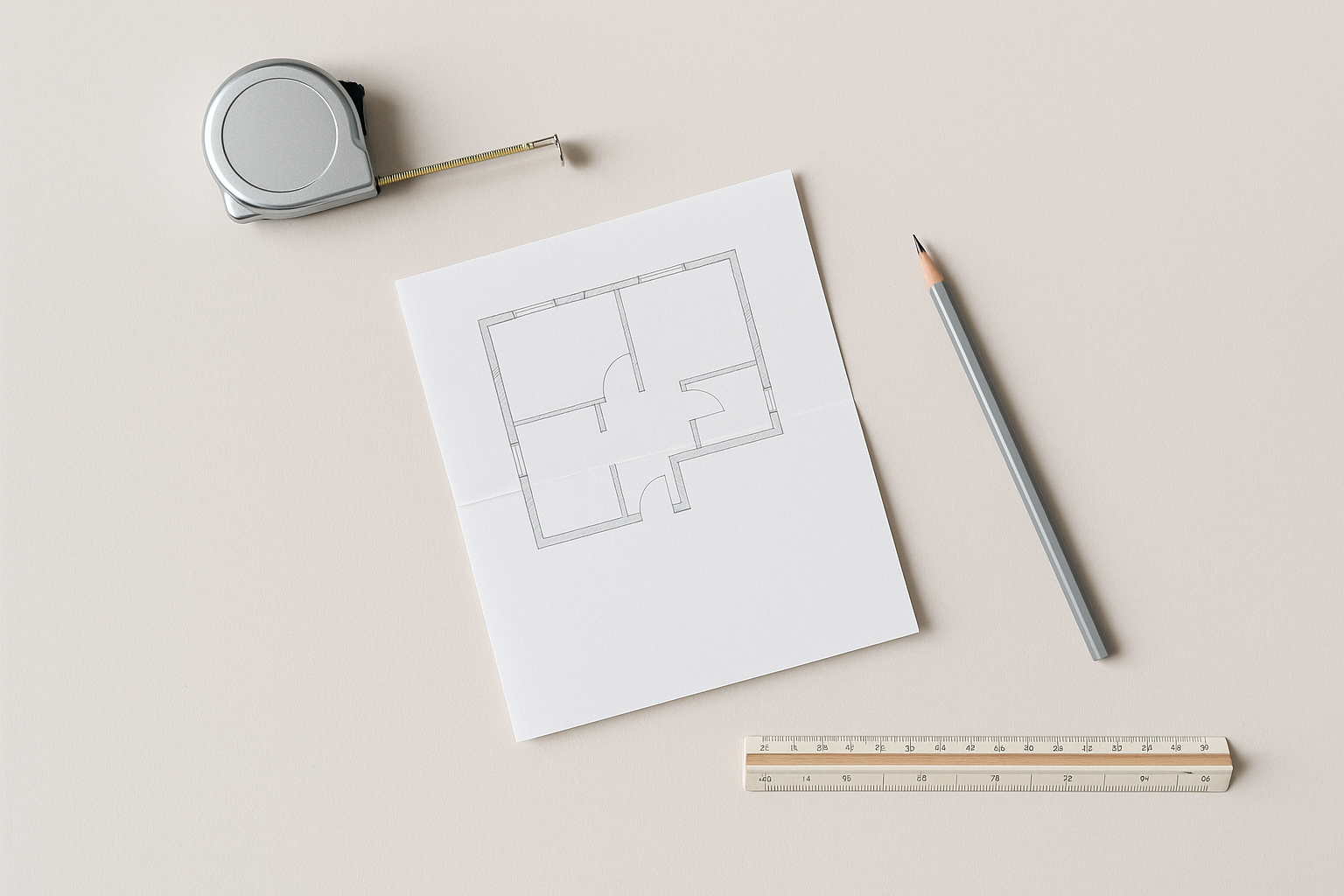 Tape measure, floor plan sketch, pencil and scale ruler on a neutral background